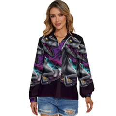 Style Dinosaur  80s Synth Retrowave Women s Long Sleeve Button Up Shirt