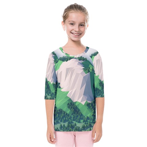 Green And White Polygonal Mountain Kids  Quarter Sleeve Raglan T-shirt by Cendanart