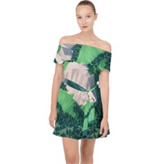 Green And White Polygonal Mountain Off Shoulder Chiffon Dress