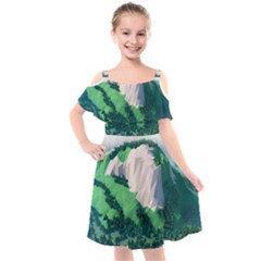 Green And White Polygonal Mountain Kids  Cut Out Shoulders Chiffon Dress by Cendanart