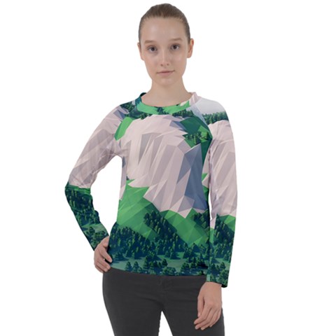 Green And White Polygonal Mountain Women s Long Sleeve Raglan T-shirt by Cendanart