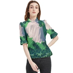 Green And White Polygonal Mountain Frill Neck Blouse