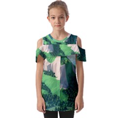 Green And White Polygonal Mountain Fold Over Open Sleeve Top