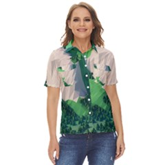 Green And White Polygonal Mountain Women s Short Sleeve Double Pocket Shirt