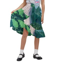 Green And White Polygonal Mountain Kids  Ruffle Flared Wrap Midi Skirt