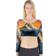 Snow Capped Mountain Himalayas Clouds Landscape Nature Long Sleeve Crop Top by Cendanart