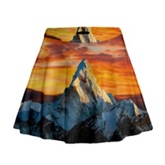 Snow Capped Mountain Himalayas Clouds Landscape Nature Mini Flare Skirt by Cendanart