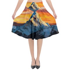 Snow Capped Mountain Himalayas Clouds Landscape Nature Flared Midi Skirt by Cendanart