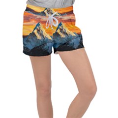 Snow Capped Mountain Himalayas Clouds Landscape Nature Women s Velour Lounge Shorts by Cendanart