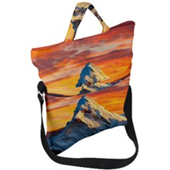 Snow Capped Mountain Himalayas Clouds Landscape Nature Fold Over Handle Tote Bag by Cendanart