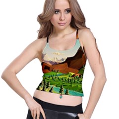 River Between Green Forest With Brown Mountain Spaghetti Strap Bra Top