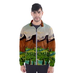 River Between Green Forest With Brown Mountain Men s Windbreaker by Cendanart