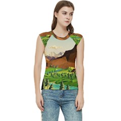 River Between Green Forest With Brown Mountain Women s Raglan Cap Sleeve T-shirt by Cendanart