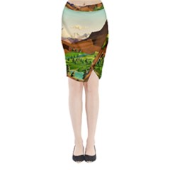 River Between Green Forest With Brown Mountain Midi Wrap Pencil Skirt
