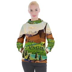 River Between Green Forest With Brown Mountain Women s Hooded Pullover by Cendanart