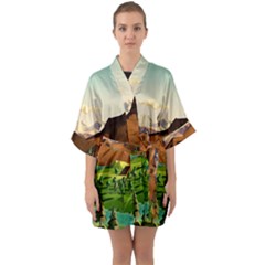 River Between Green Forest With Brown Mountain Half Sleeve Satin Kimono 
