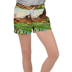 River Between Green Forest With Brown Mountain Women s Velour Lounge Shorts by Cendanart