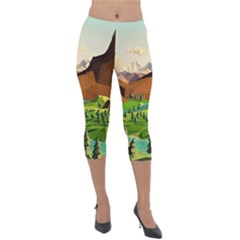 River Between Green Forest With Brown Mountain Lightweight Velour Capri Leggings  by Cendanart