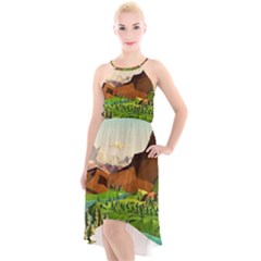 River Between Green Forest With Brown Mountain High-low Halter Chiffon Dress  by Cendanart