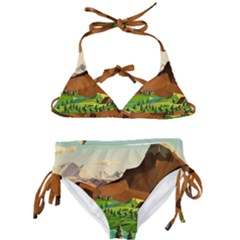 River Between Green Forest With Brown Mountain Kids  Classic Bikini Set by Cendanart