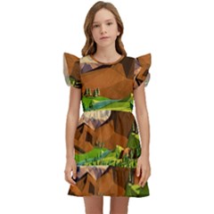 River Between Green Forest With Brown Mountain Kids  Winged Sleeve Dress