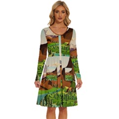 River Between Green Forest With Brown Mountain Long Sleeve Dress With Pocket by Cendanart