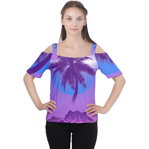 Palm Tree Vaporwave Synthwave Retro Style Cutout Shoulder T-shirt by Cendanart