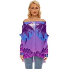 Palm Tree Vaporwave Synthwave Retro Style Off Shoulder Chiffon Pocket Shirt by Cendanart