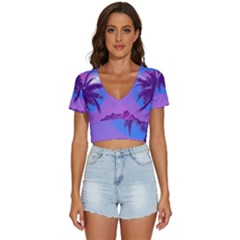 Palm Tree Vaporwave Synthwave Retro Style V-neck Crop Top by Cendanart