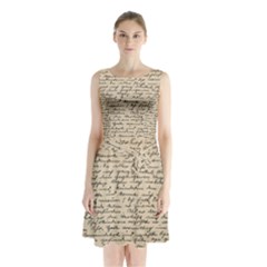 Close Up Photo Of Black Text Old Handwriting Leave Old Script Sleeveless Waist Tie Chiffon Dress by Cendanart