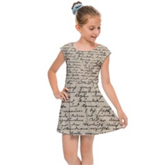 Close Up Photo Of Black Text Old Handwriting Leave Old Script Kids  Cap Sleeve Dress by Cendanart