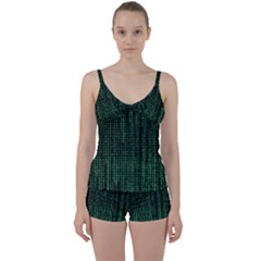 Green Matrix Code Illustration Digital Art Portrait Display Tie Front Two Piece Tankini by Cendanart