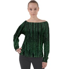 Green Matrix Code Illustration Digital Art Portrait Display Off Shoulder Long Sleeve Velour Top by Cendanart