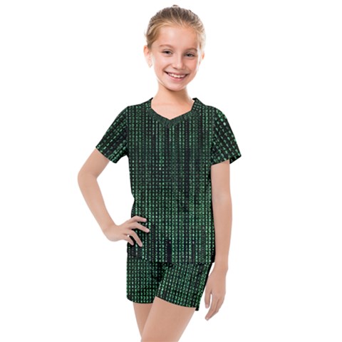 Green Matrix Code Illustration Digital Art Portrait Display Kids  Mesh T-shirt And Shorts Set by Cendanart