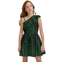 Green Matrix Code Illustration Digital Art Portrait Display Kids  One Shoulder Party Dress