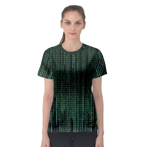 Green Matrix Code Illustration Digital Art Portrait Display Women s Sport Mesh T-shirt by Cendanart