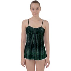 Green Matrix Code Illustration Digital Art Portrait Display Babydoll Tankini Top by Cendanart