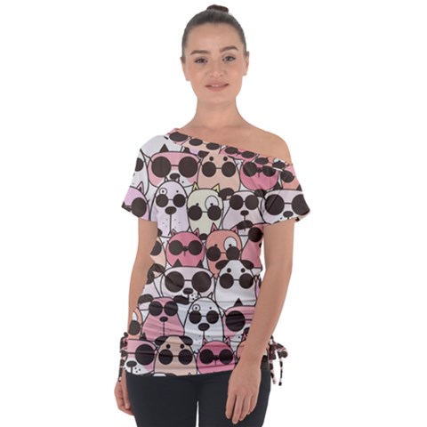 Cute Dog Seamless Pattern Background Off Shoulder Tie-up T-shirt by Grandong