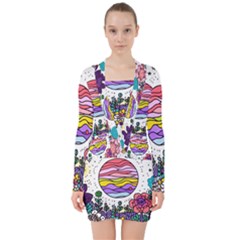 Rainbow Fun Cute Minimal Doodles V-neck Bodycon Long Sleeve Dress