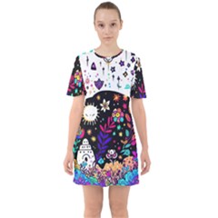 Rainbow Fun Cute Minimal Doodle Sixties Short Sleeve Mini Dress by Bedest