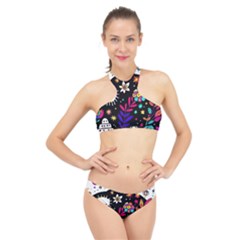 Rainbow Fun Cute Minimal Doodle High Neck Bikini Set