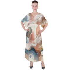 Abstract Pastel Waves Organic V-neck Boho Style Maxi Dress by Grandong