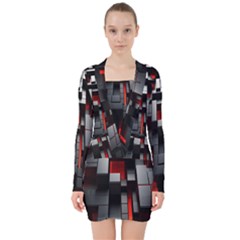 3d Back Red Abstract Pattern V-neck Bodycon Long Sleeve Dress by Grandong