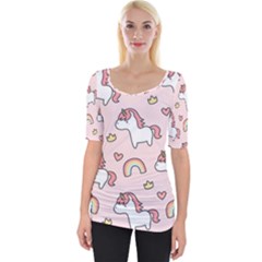 Cute Unicorn Rainbow Seamless Pattern Background Wide Neckline T-shirt