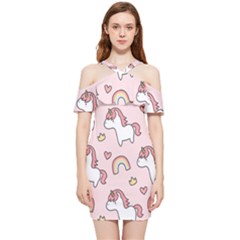 Cute Unicorn Rainbow Seamless Pattern Background Shoulder Frill Bodycon Summer Dress by Bedest