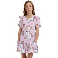 Cute Unicorn Rainbow Seamless Pattern Background Kids  Frilly Sleeves Pocket Dress