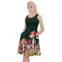 Mushroom Dark Green Fall Autumn Leaves Knee Length Skater Dress With Pockets by CoolDesigns