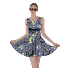 Blue Cute Pattern Night Life Cats And Bats Skater Dress