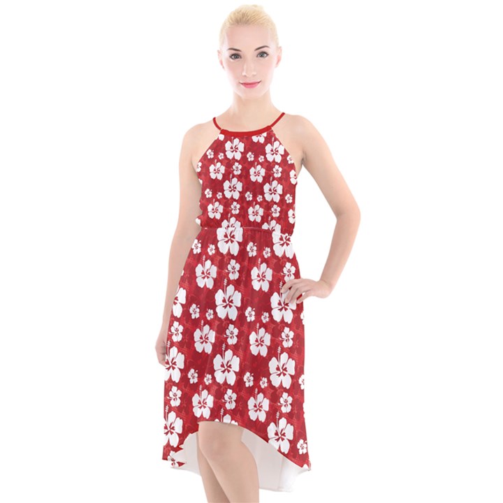 Hibiscus Hawaii Flowers Floral Red High-Low Halter Chiffon Dress