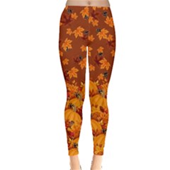 Orange Fall Autumn Leafs With Pumpkins Leggings 
